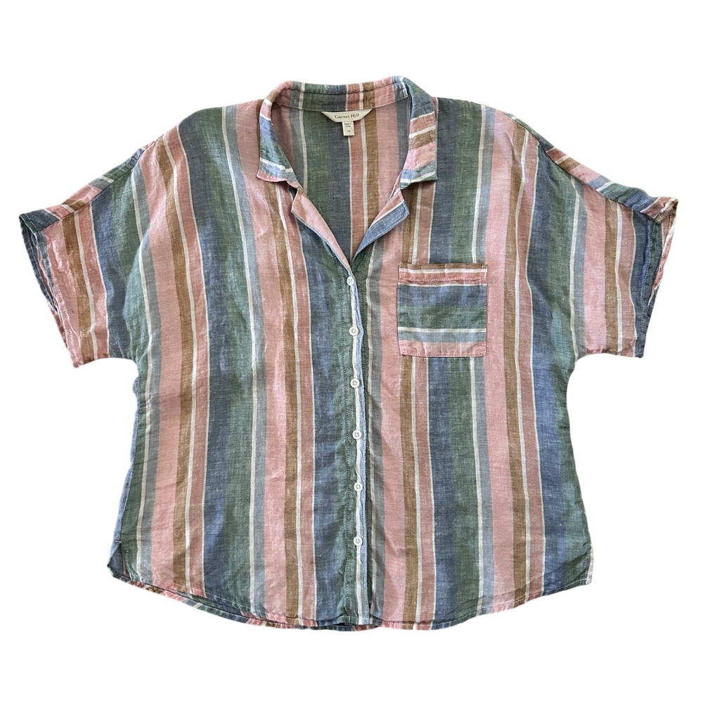 Garnet Hill Women 14 Linen Striped Button Down Boxy Shirt Short Sleeve Flax